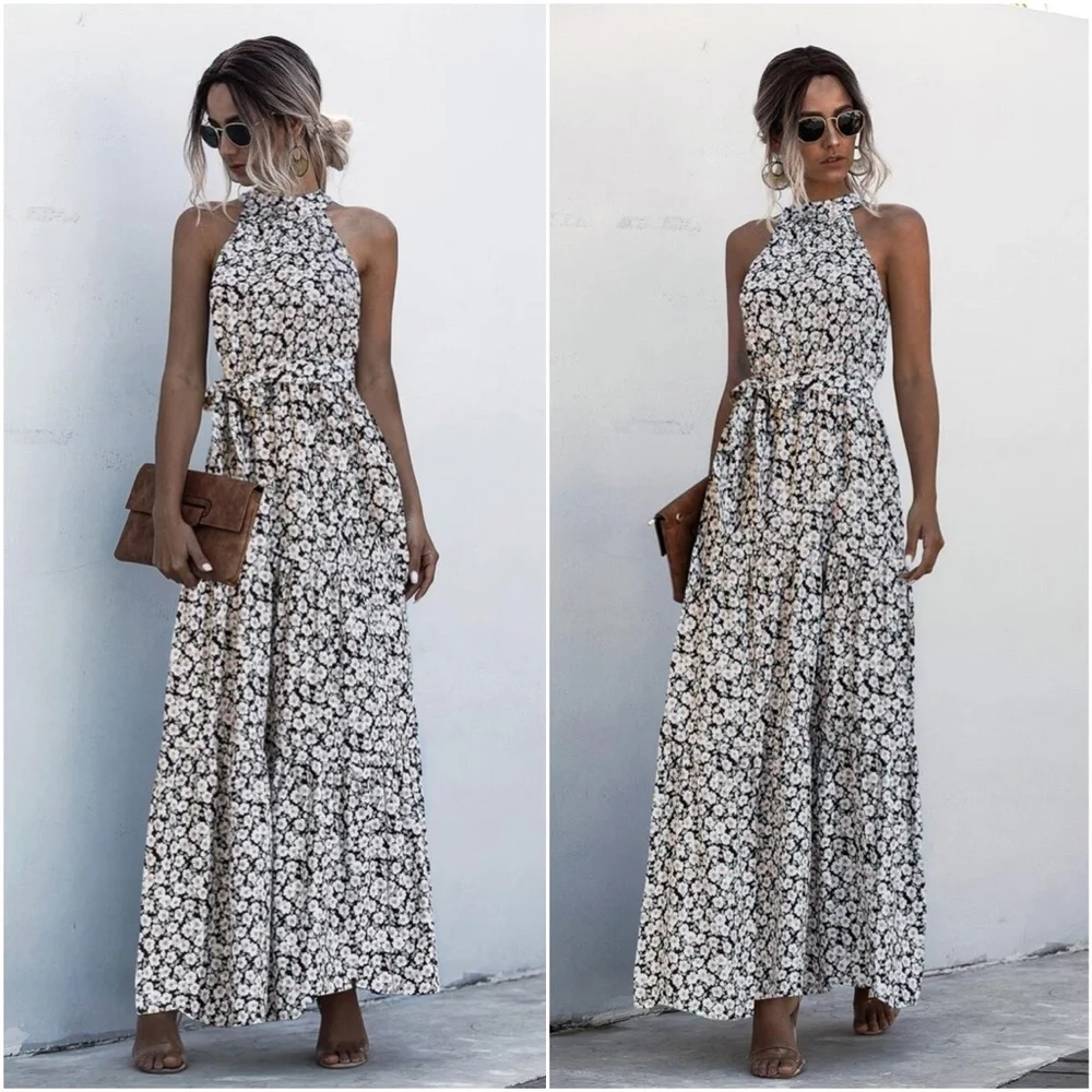 Boho Pastel Green Floral Print Halter Maxi Dress Ruffle - Picture 7 of 13
